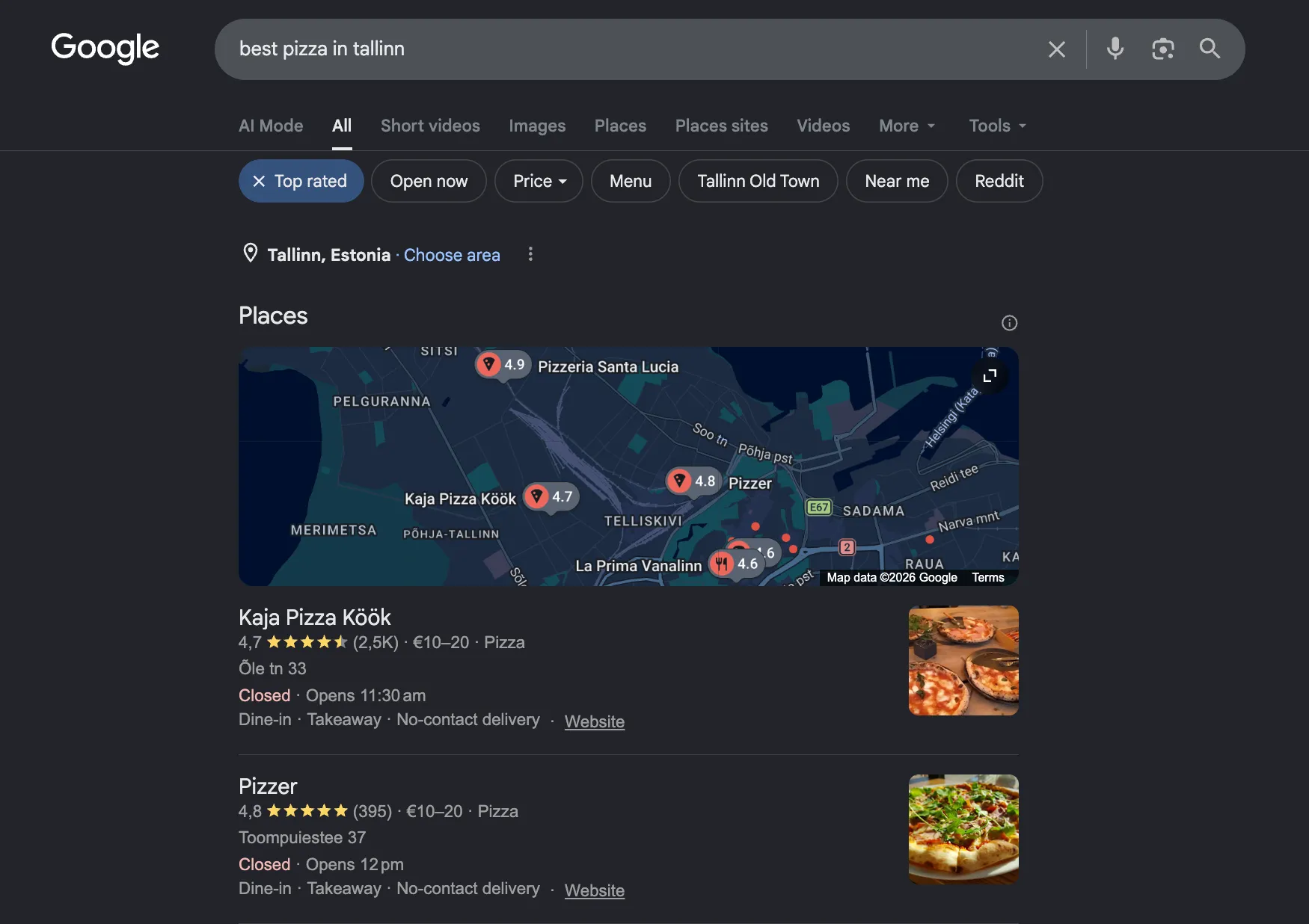 Google results for "best pizza in tallinn": a Places map pack, three rated listings, then a "Places sites" carousel