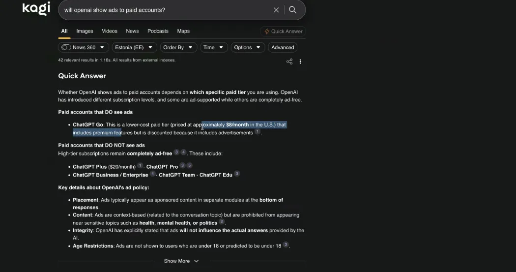 A search for who sees ChatGPT ads, and the answer